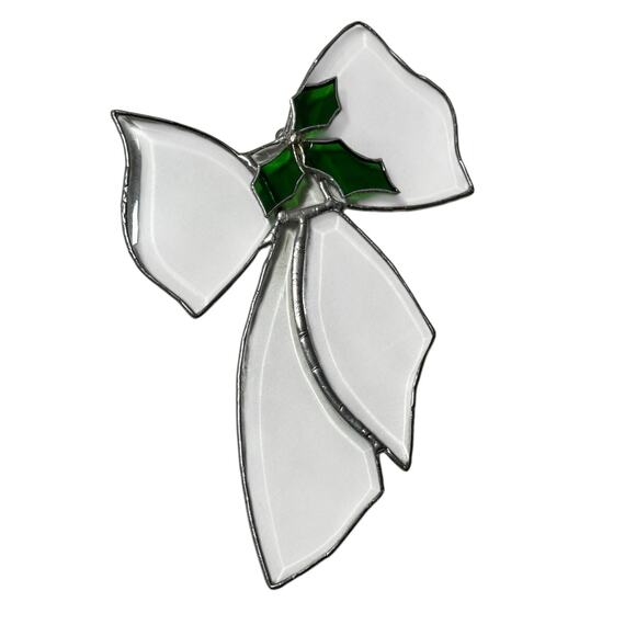Vtg Stained Art Glass Hand Made Christmas Bow Ornament Holly Suncatcher 10in - Picture 1 of 3